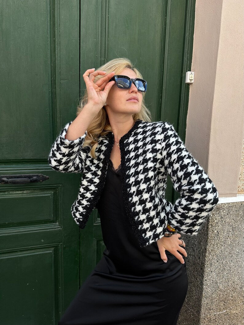 Mohair de lana blanco y negro de tweed