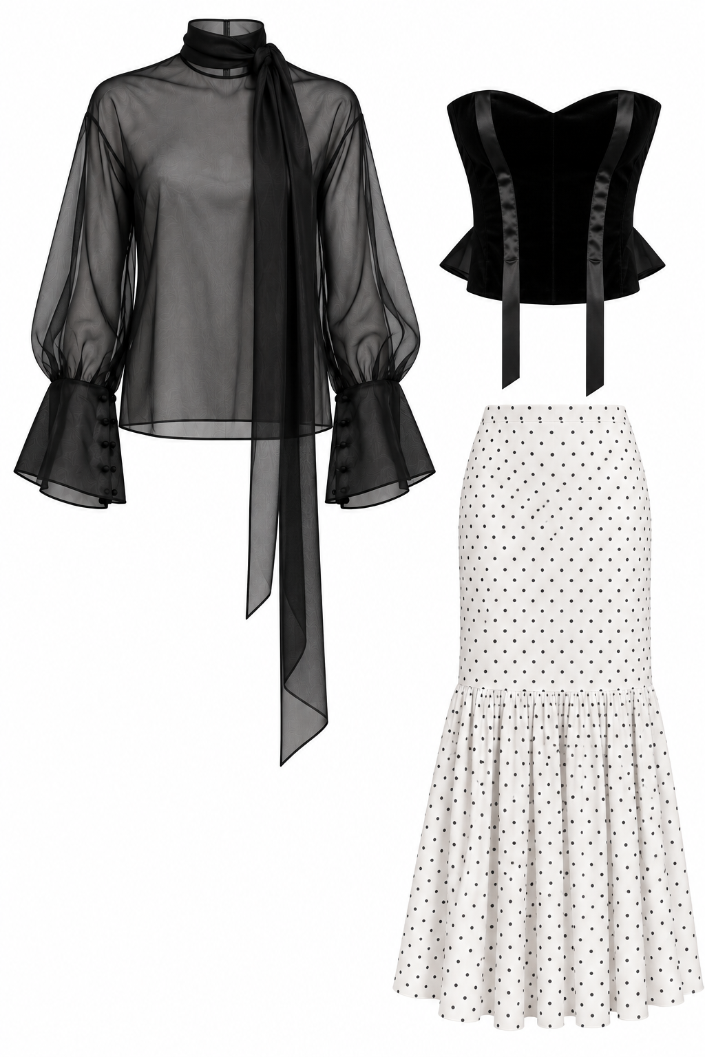 SET: FALDA MIDI + CORSÉ DE TERCIOPELO + BLUSA