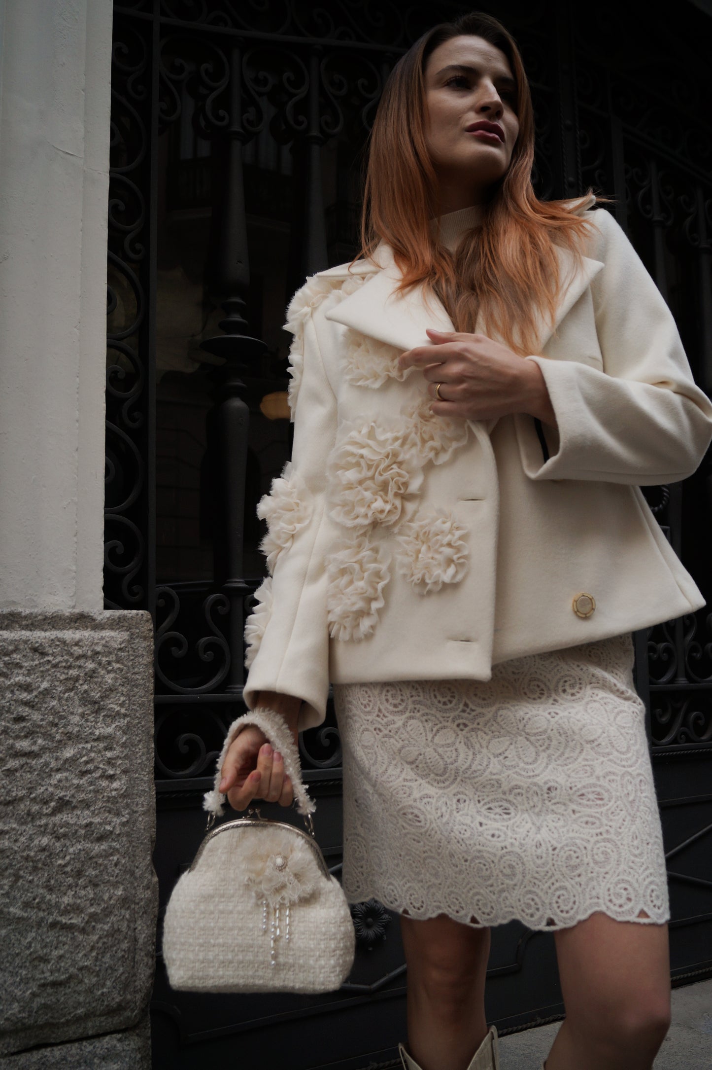 SHORT ALPACA COAT WITH SILK FLOWERS